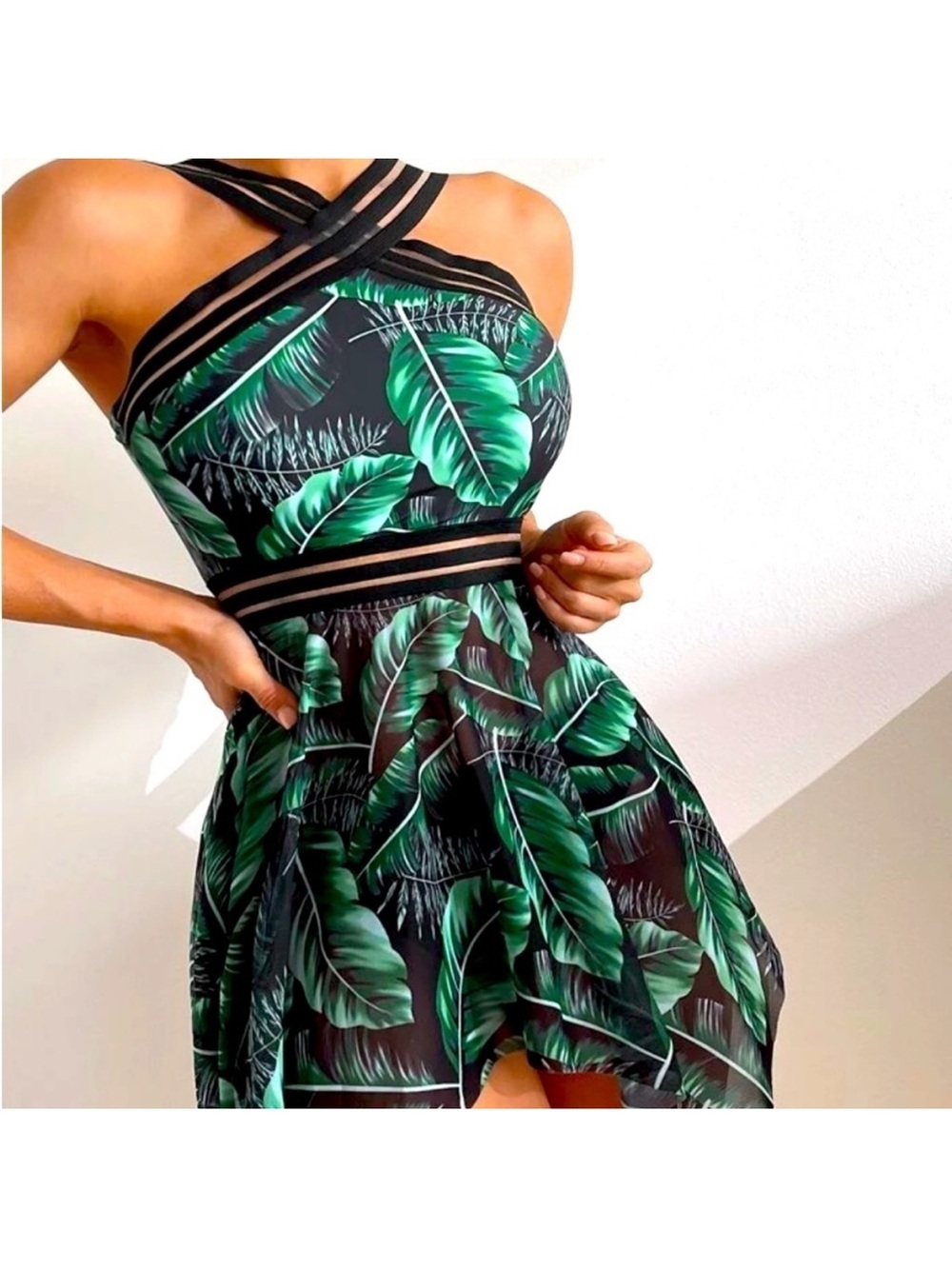 Swim Too Tropical Leaf Fit & Flare Dress - Green size Medium